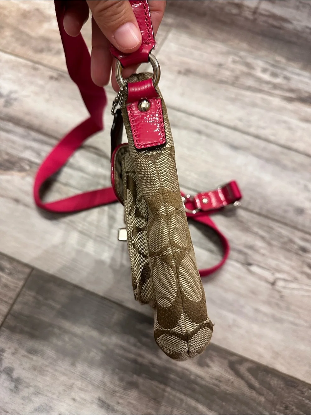Coach Brown Signature Crossbody with Pink Trim and Strap